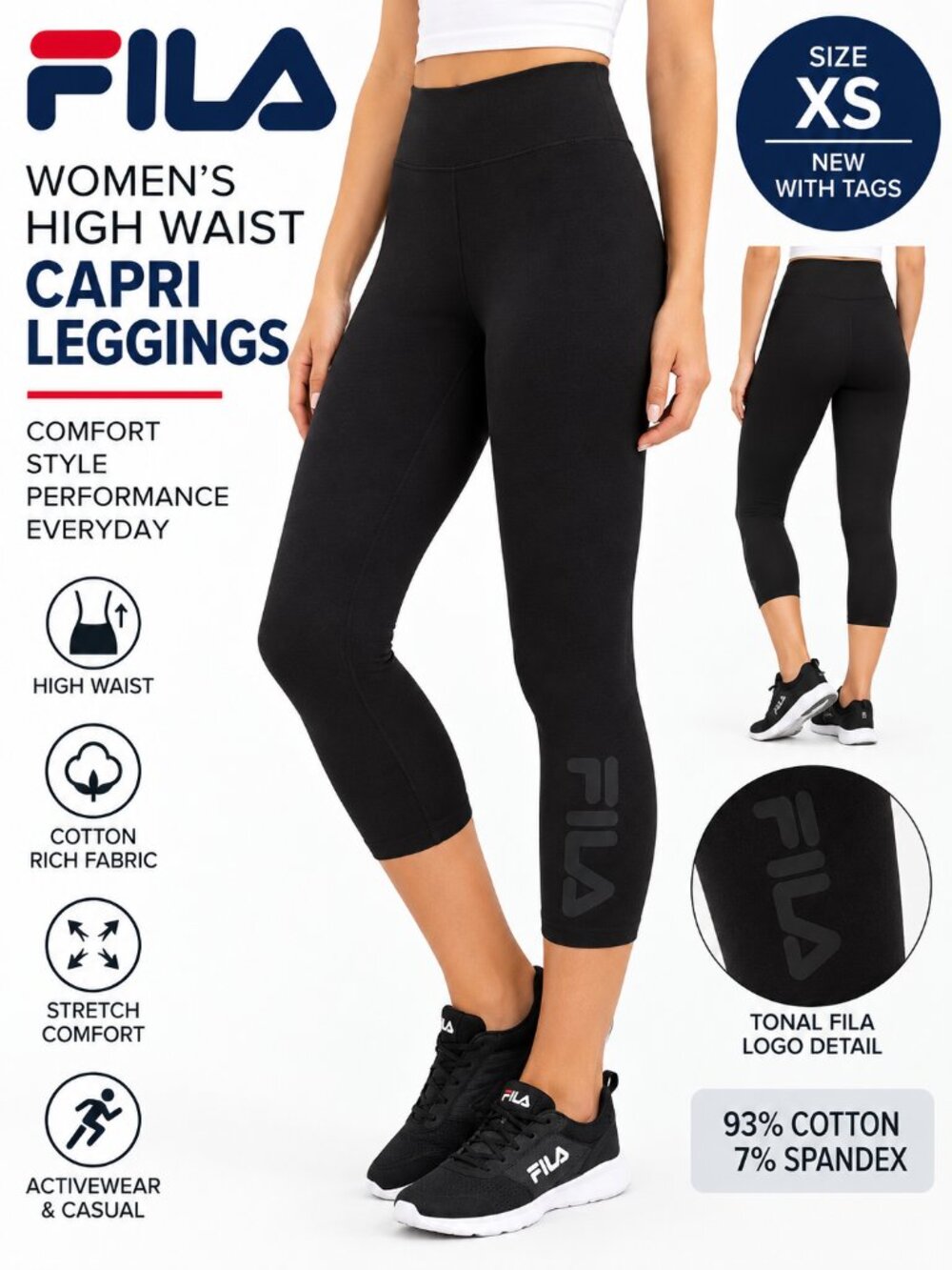 FILA High Waist Capri Leggings Black XS NWT